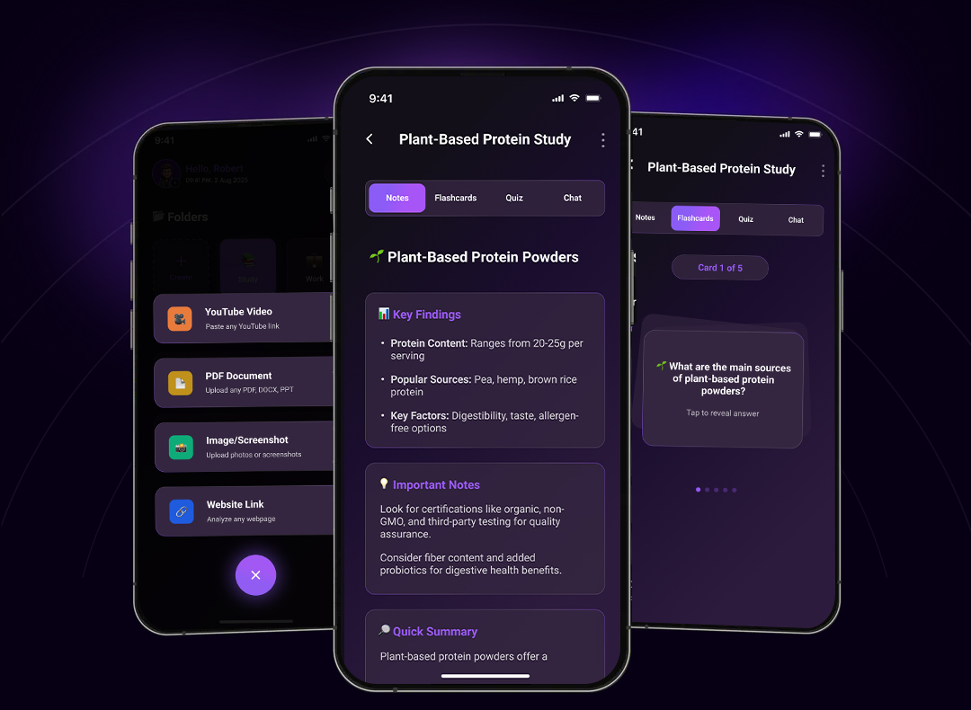 QuizliAI app interface showing AI-powered study materials